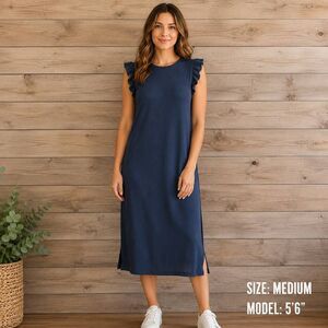 Maurices Medium Navy Ribbed Ruffle Sleeve Midi Dress